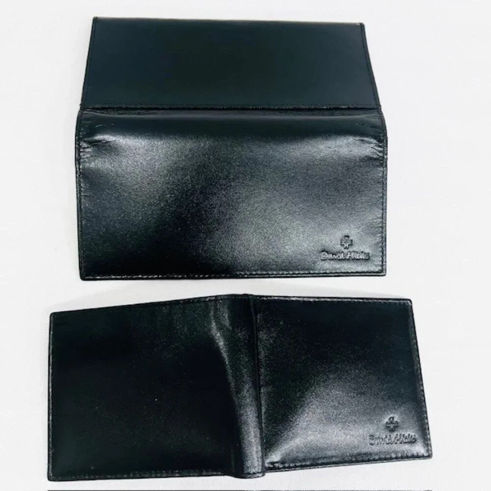 (2)Men/Women Black Leather Convas Bi Fold Wallet DAVID HICKS Long and short